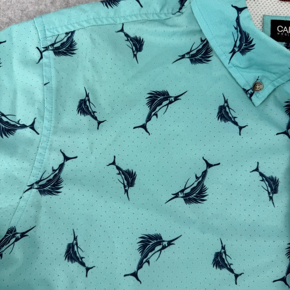 Canada Weathergear Mens Large Marlin Fish Print Button Down Shirt Aqua Turquoise - Picture 3 of 13